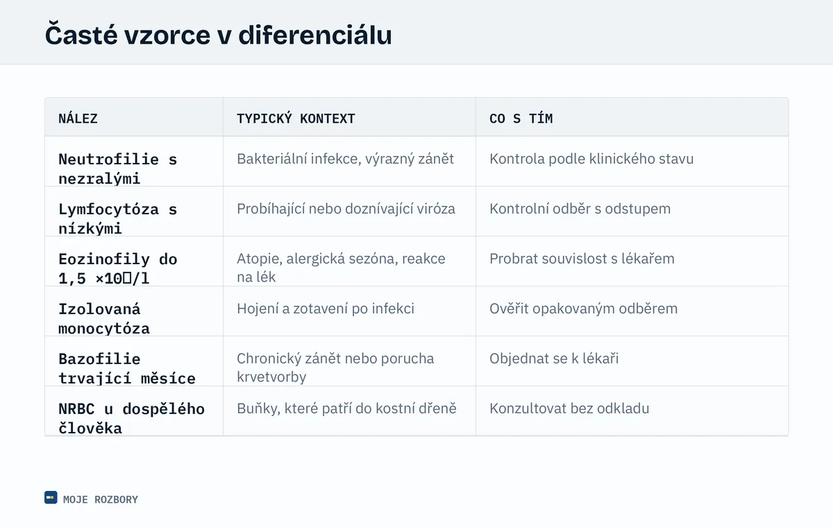 Tabulka nejčastějších kombinací nálezů v diferenciálu bílého krevního obrazu a jejich obvyklého kontextu