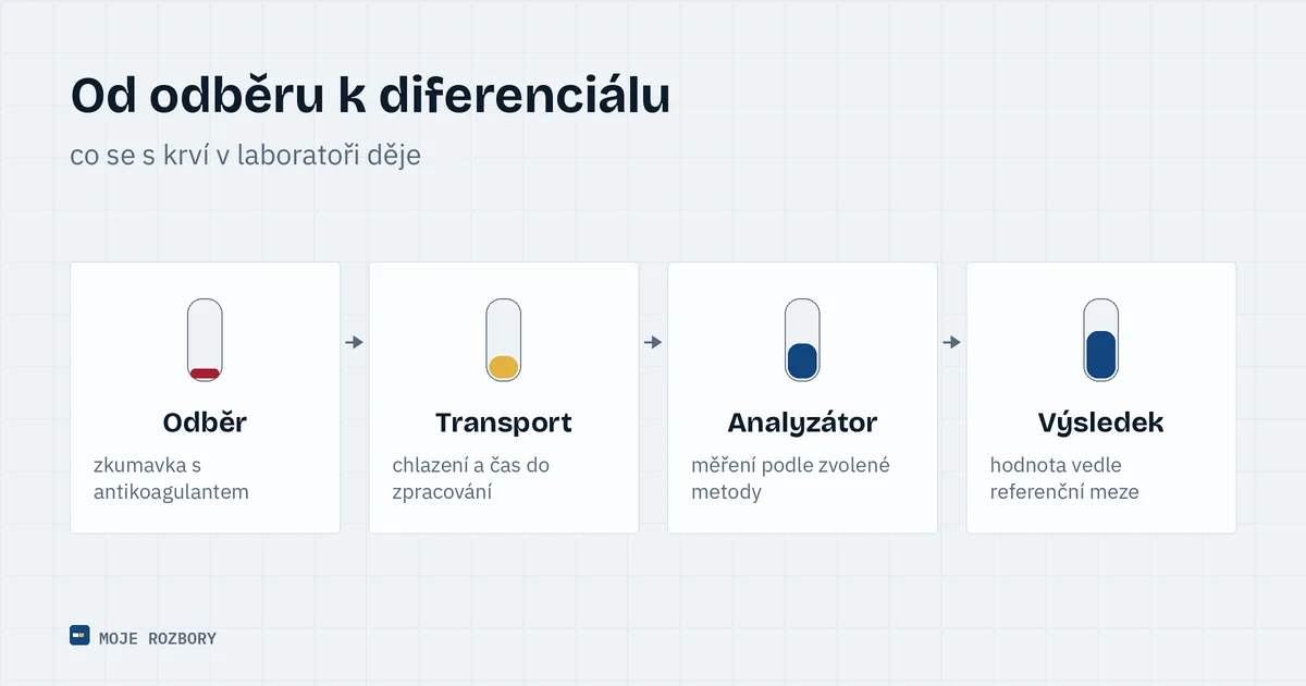 Schéma cesty vzorku krve od odběru přes analyzátor až k mikroskopickému nátěru