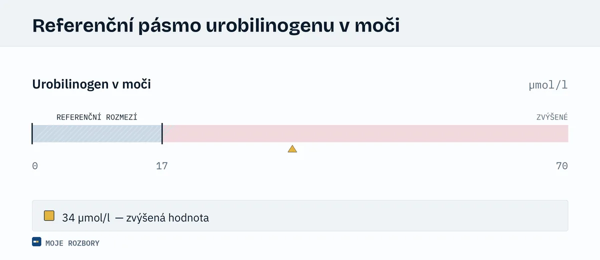 Grafické znázornění orientačního referenčního pásma urobilinogenu v moči se značkou u zvýšené hodnoty