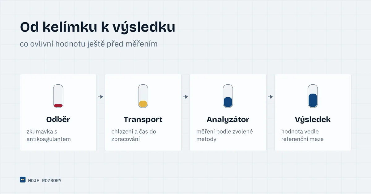 Schéma cesty vzorku moči od odběru přes transport až po odečet na testovacím proužku v laboratoři